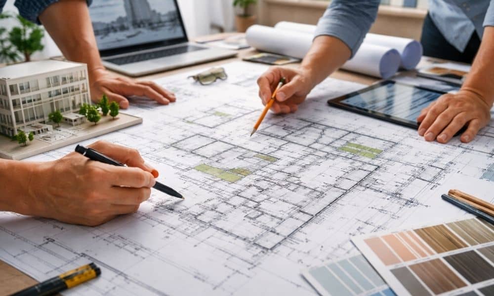 Architects collaborating over blueprints and 3D models, using a tablet and sketches to develop a conceptual design for a building project.