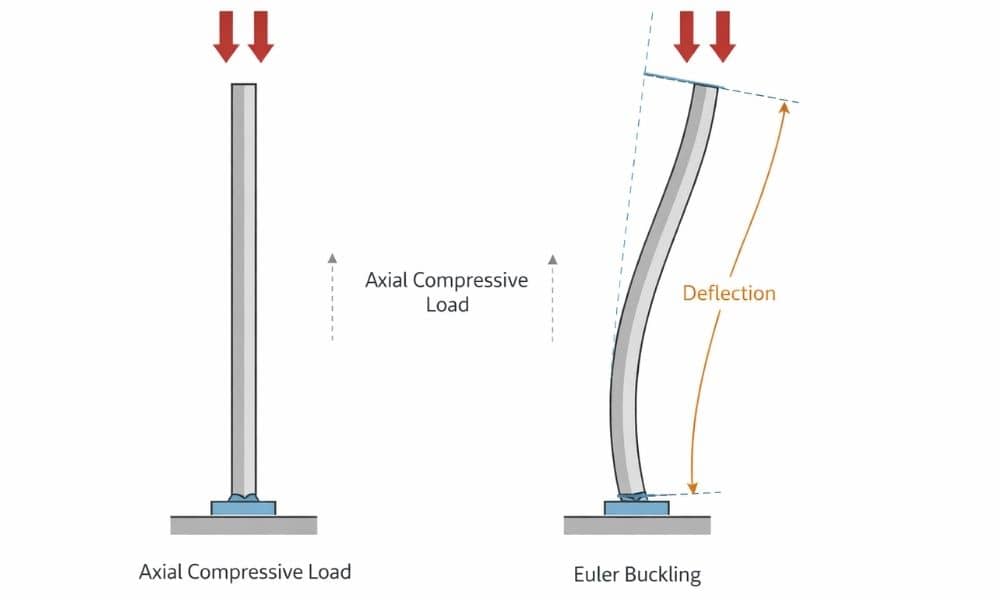 Structural engineering illustration showing buckling failure in a compression member under axial load