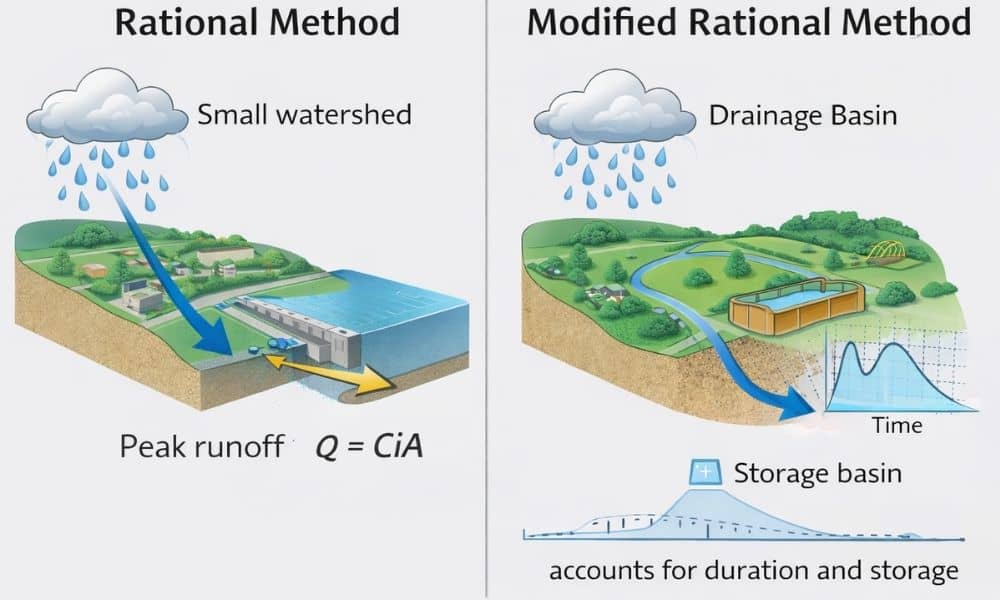 Side by side diagram comparing the Rational Method and Modified Rational Method used to estimate peak runoff in drainage design