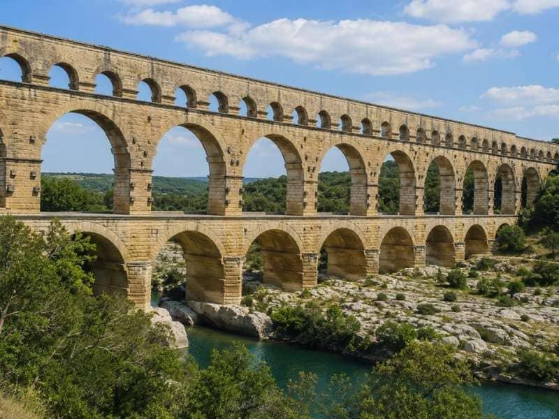  Aqueduct water supply system featuring a historic stone aqueduct carrying water across a valley through a series of elevated arches.
