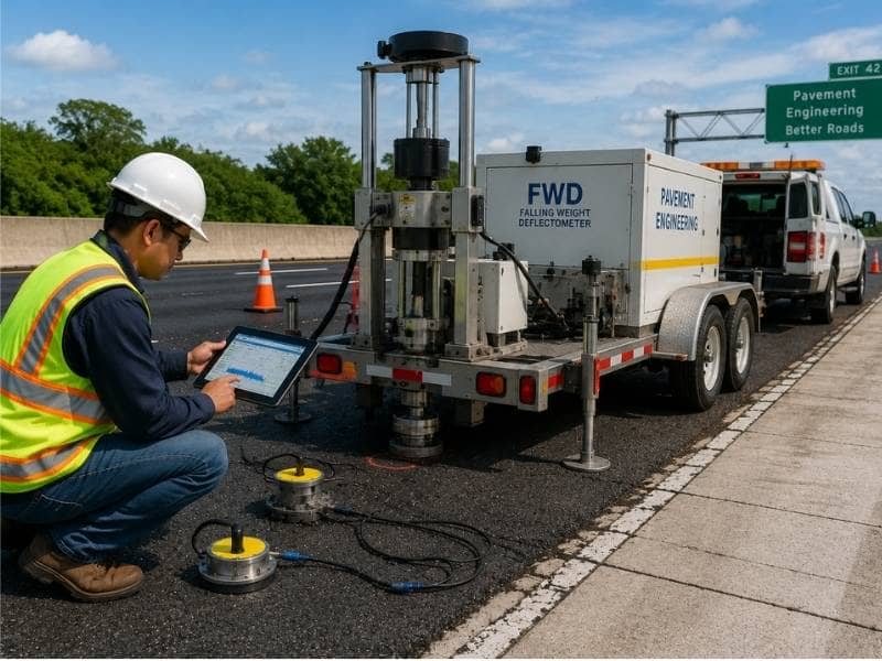 Pavement engineering field inspection using a Falling Weight Deflectometer to evaluate roadway structural performance and pavement conditions.