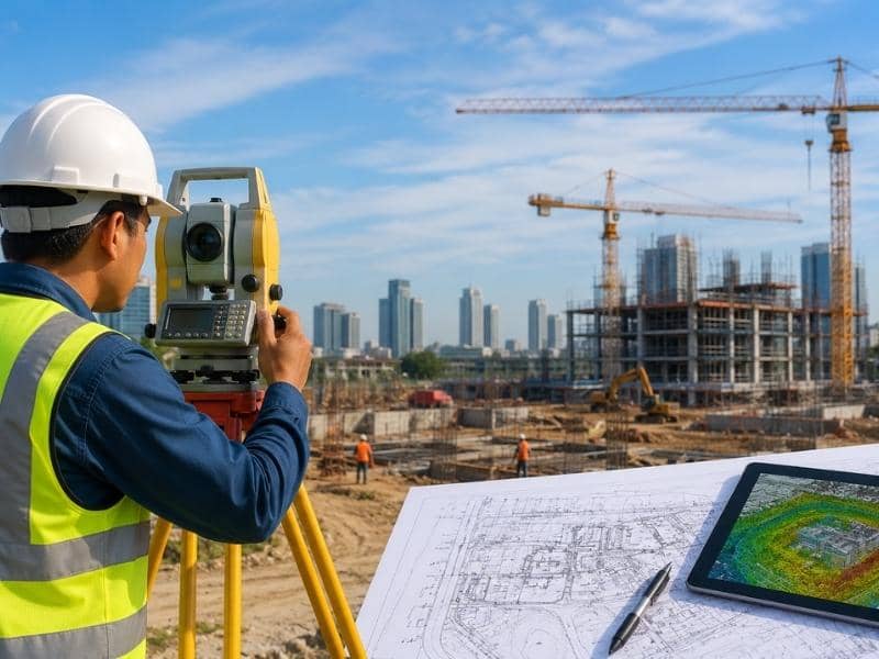 Surveying professional using a total station to collect accurate measurements at a construction site for civil engineering projects.