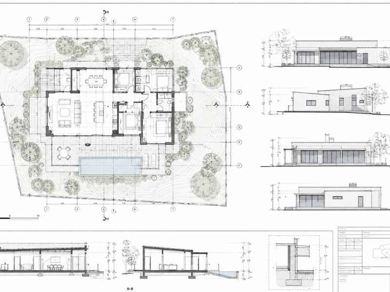 Architectural drawing showing a building floor plan, site layout, elevations, sections, and surrounding landscape details.
