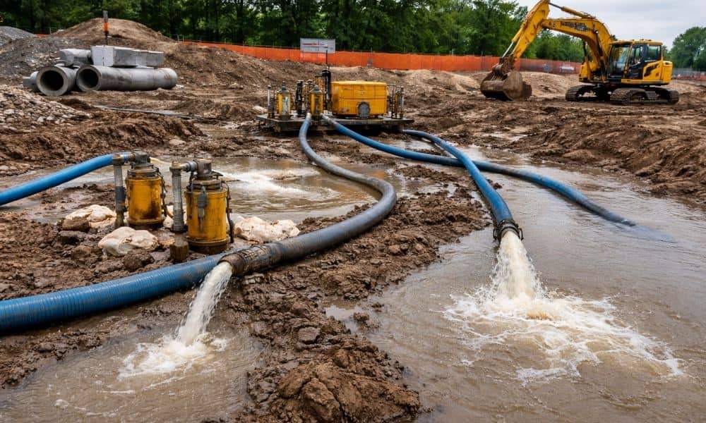 Groundwater dewatering system pumping water from a saturated construction site with hoses, muddy soil, and excavator in the background
