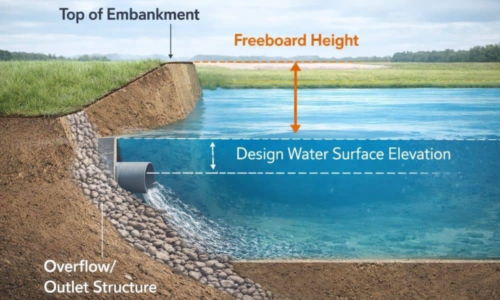 Realistic cross section of a stormwater detention pond showing embankment, design water level, and required freeboard height