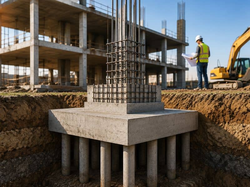 Foundation engineering example showing a reinforced concrete pile foundation at a building construction site
