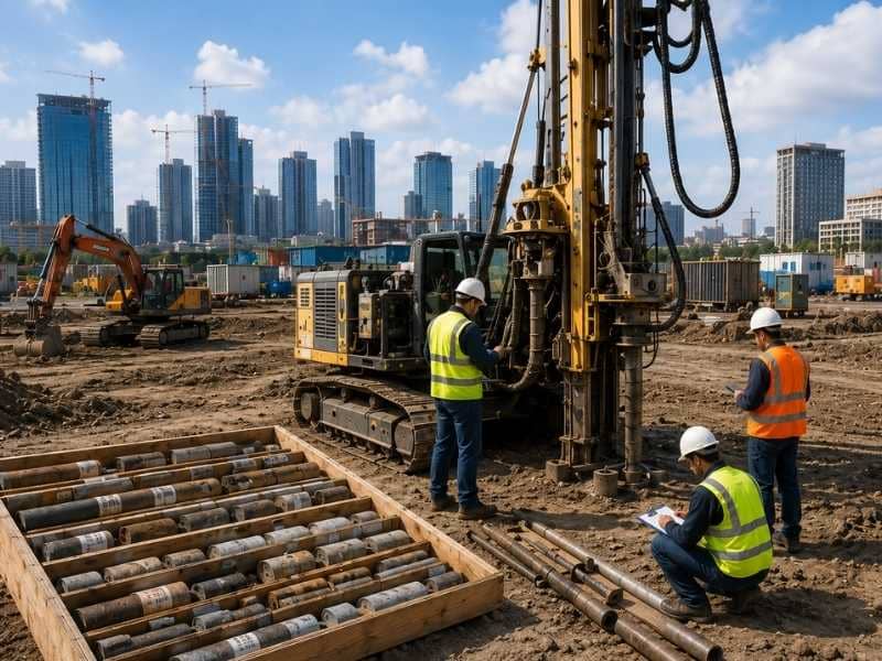 Geotechnical engineering site investigation showing a drilling rig engineers logging borehole samples and soil core boxes at a construction site.