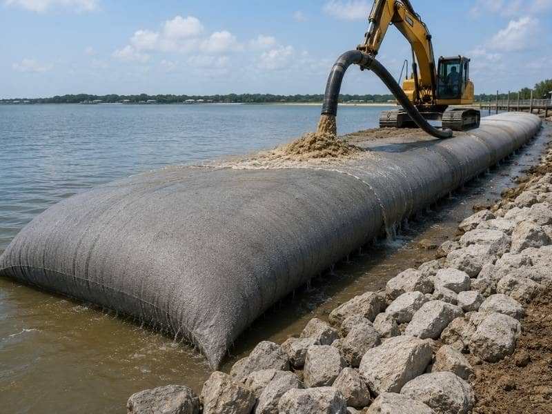  Geotextile tube installed along a shoreline for erosion control, filled with sand slurry to stabilize the coast while allowing water to drain through the fabric.
