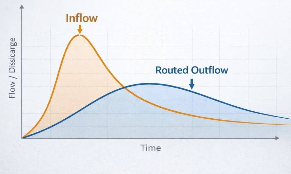 Hydrograph diagram comparing 100 year storm inflow and routed outflow curves over time for detention pond routing analysis
