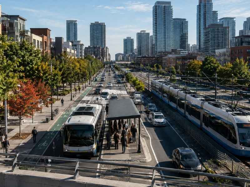 Transportation planning shown through a modern urban corridor with public transit, bike lanes, pedestrians, and vehicle traffic.