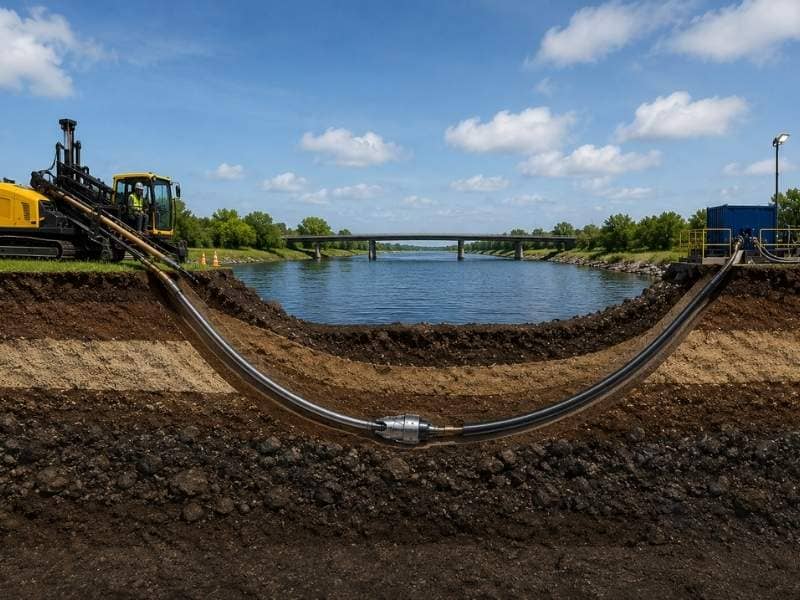 Directional drilling equipment installing underground utility lines beneath a waterway using a horizontal bore path to minimize surface disruption.