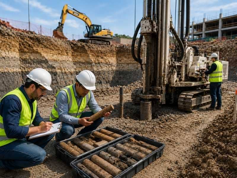 Geotechnical engineering site investigation with a drill rig, soil core samples, and engineers evaluating subsurface conditions for foundation design.