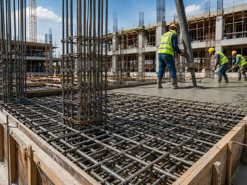 Reinforced concrete slab with steel rebar, column reinforcement, and fresh concrete being poured at a commercial construction site.