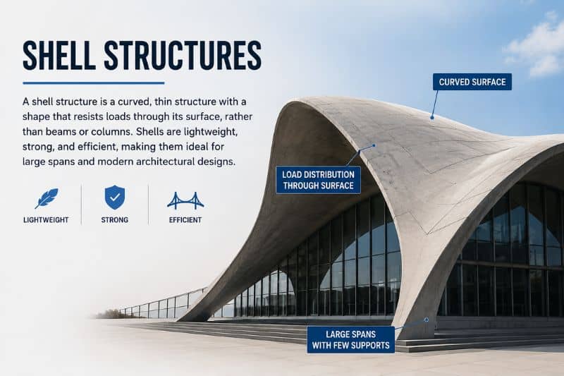 Modern shell structure building with a curved concrete roof spanning a large open space with minimal internal supports