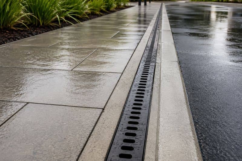 Linear slot drain installed along a roadway and pedestrian walkway to collect and channel surface water runoff