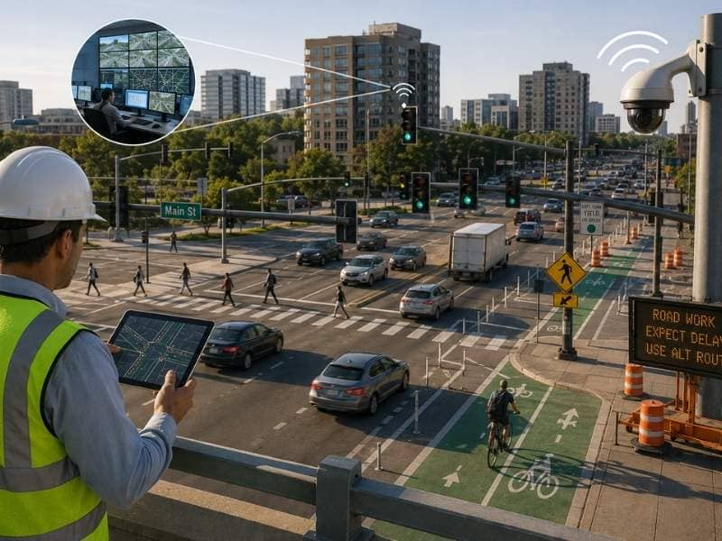 Traffic engineering at a signalized urban intersection with traffic signals, pedestrian crossings, bicycle lanes, road markings, and traffic monitoring equipment.